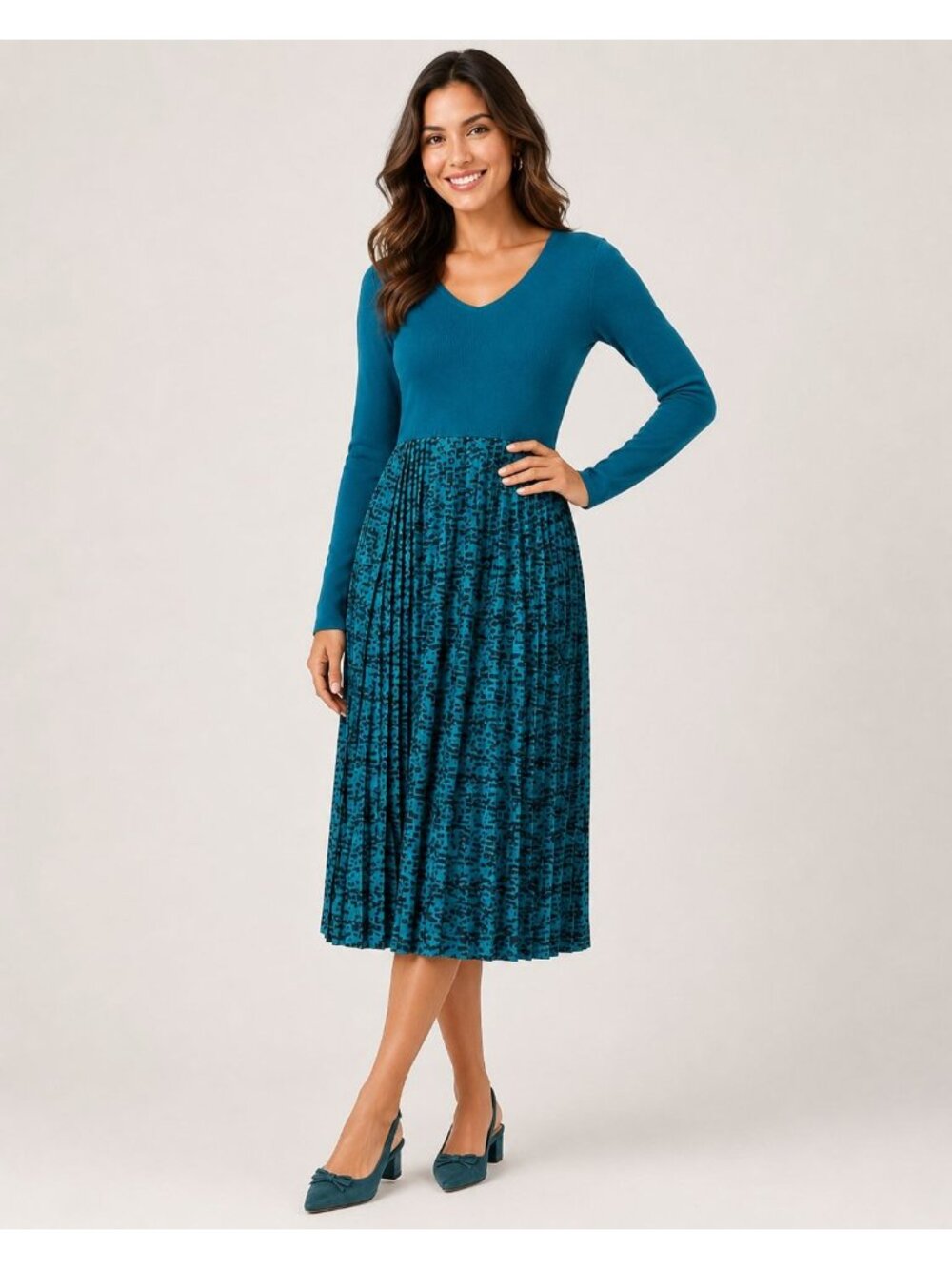 Nina Leonard Womens Teal Knit & Pleated Midi Dress Abstract Skirt Size Small